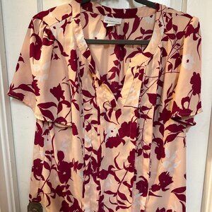Liz Claiborne Floral Short Sleeved Maroon, Pink and Peach Blouse-Size Large
